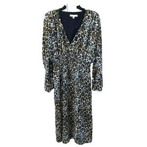 WAYF Women Leopard Dress V Neck Long Sleeve Midi L Lined Pullover Elastic Waist